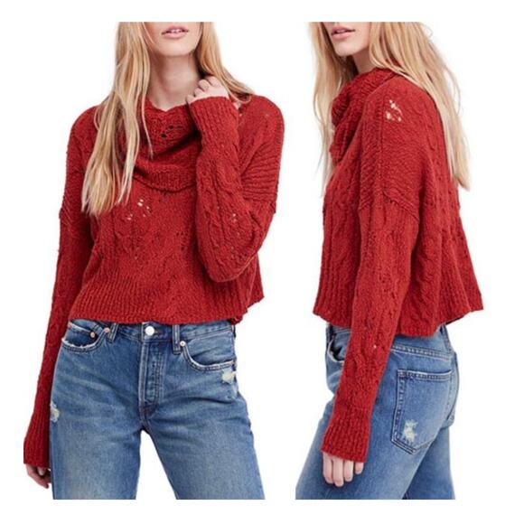 Free People Shades Of Dawn Pullover Sweater Size Large Cowl Neck Chunky Rust Red - Picture 2 of 11
